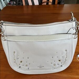 Coach Cream Leather Shoulder Bag with Floral Accents